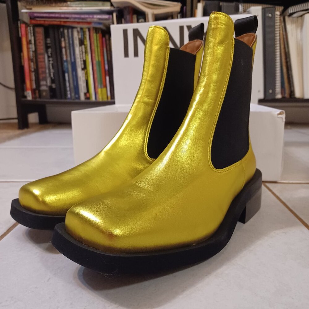 Ganni Yellow Metallic Leather Chelsea Boots